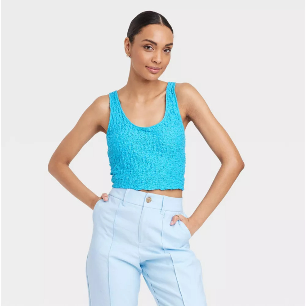 A New Day Women's Slim Fit Puckered Tank Top - Blue Size S NWT